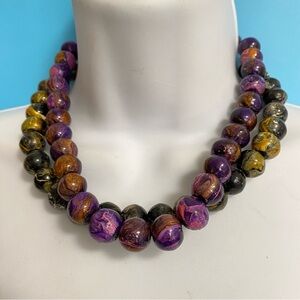 Hand-Painted Wood Beads Stretchy Set Of Two Purple & Moss Green Necklaces